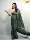 Elegant Green Zig-Zag Pattern Saree with Golden Accents