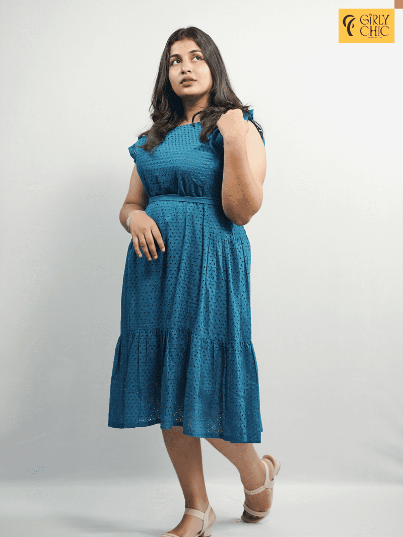Blue Hakoba Frock with Frilled Sleeves & Waist Tie Detail