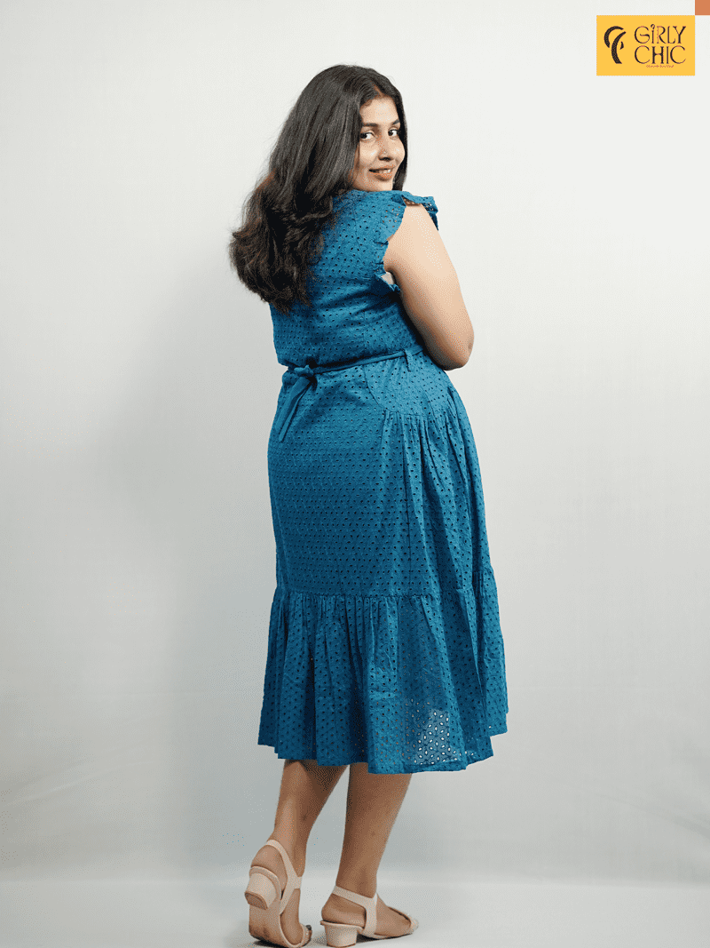 Blue Hakoba Frock with Frilled Sleeves & Waist Tie Detail - Image 2