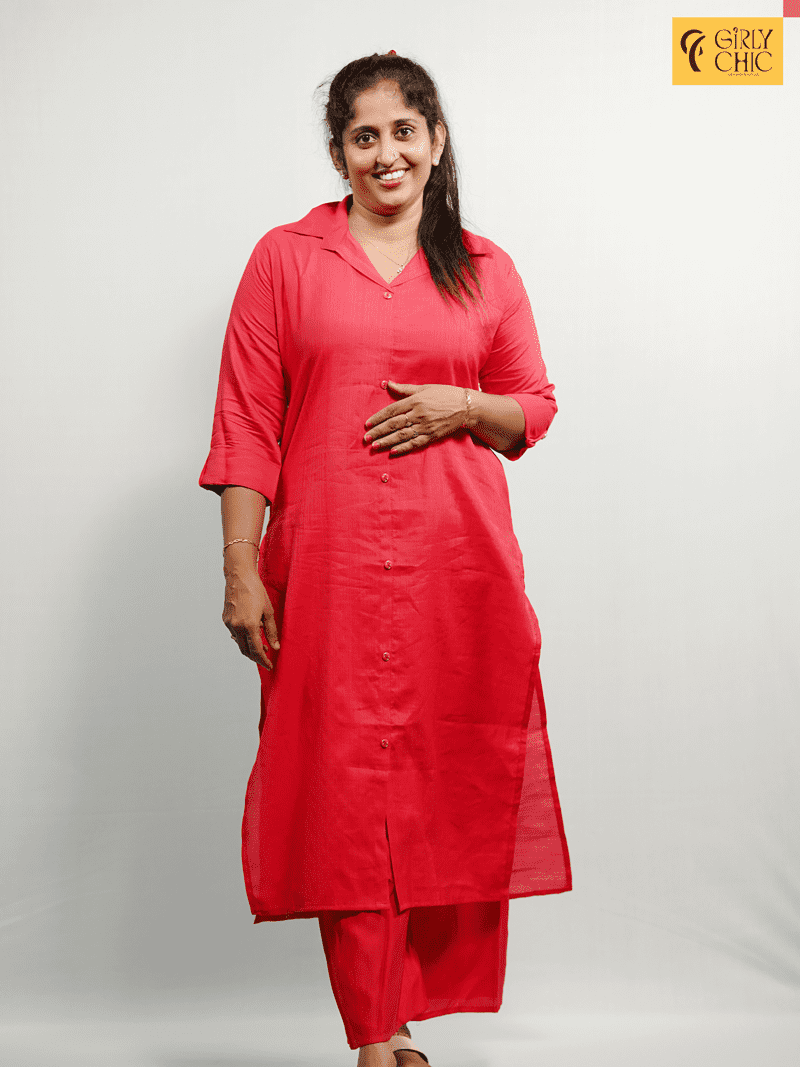 Red Cotton-Rayon Cord Set with Collar Neck & Show Button Detailing