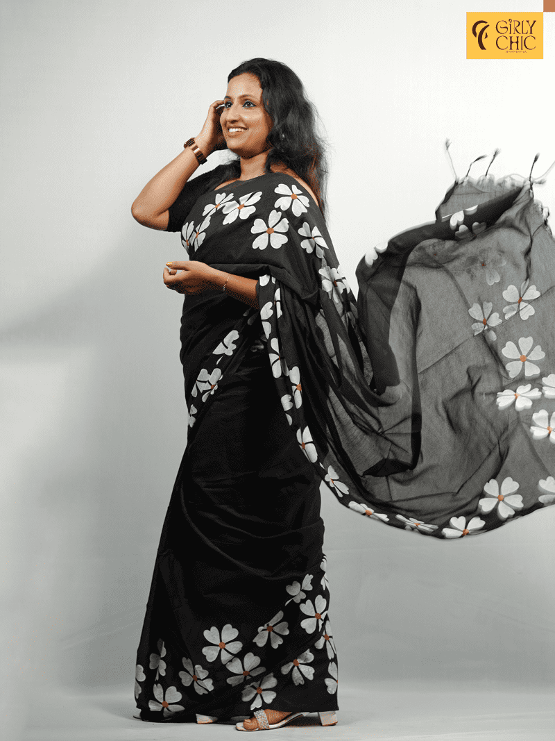 Black Cotton Saree with Fabric-Painted White Floral Design