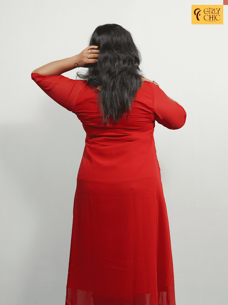 Red Georgette Pleated Dress with Cut Bead Embroidery & Scallop Neckline - Image 2