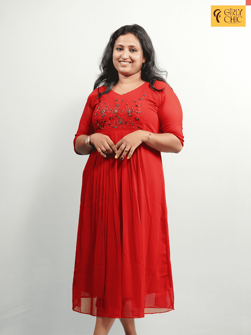 Red Georgette Pleated Dress with Cut Bead Embroidery & Scallop Neckline