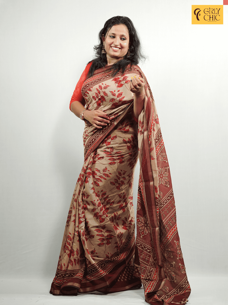Elegant Leaf-Printed Venice Silk Saree in Beige and Maroon
