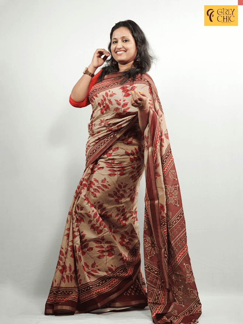 Elegant Leaf-Printed Venice Silk Saree in Beige and Maroon - Image 2