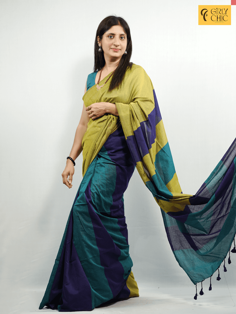 Trendy Triple Shade Handloom Cotton Saree – Green, Purple & Mustard