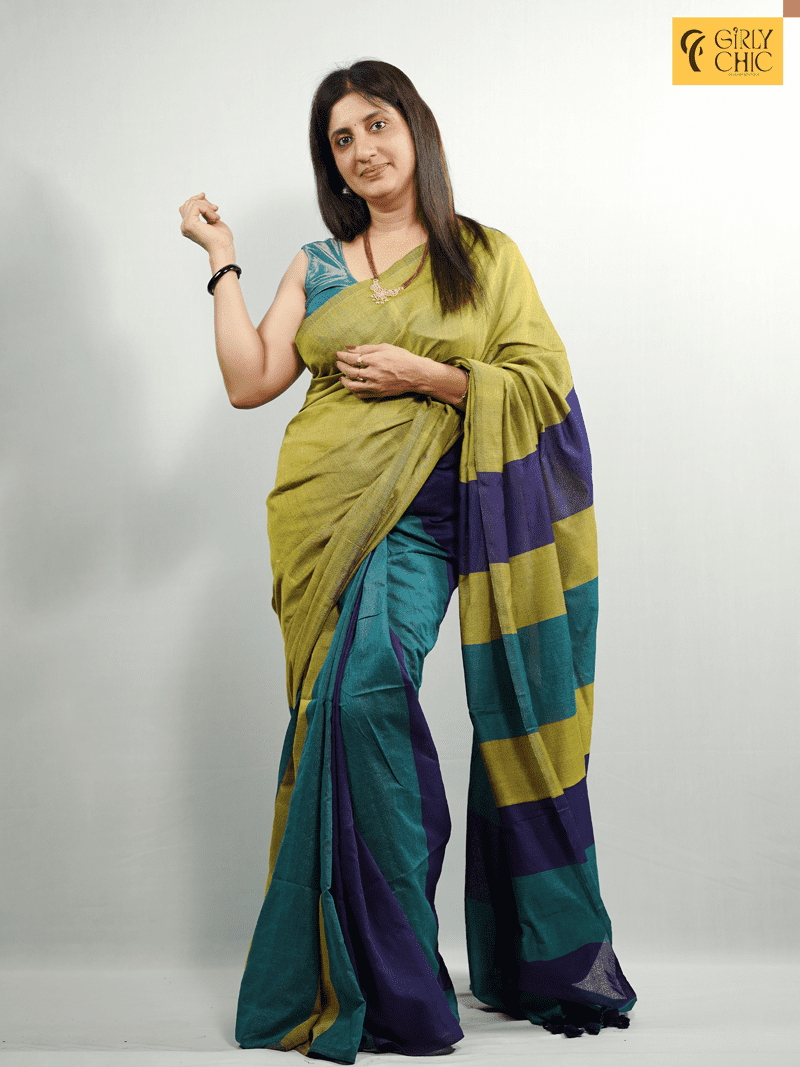 Trendy Triple Shade Handloom Cotton Saree – Green, Purple & Mustard - Image 2
