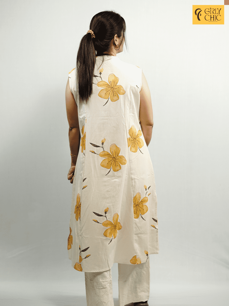 Yellow Floral Khadi Cotton Cord Set with Embroidered Kurta & Hakoba Bottom - Image 2