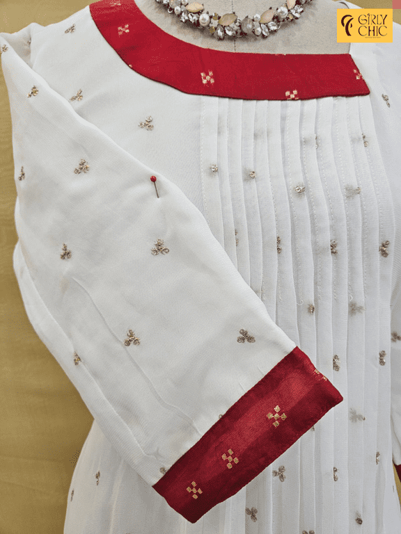 White Georgette Kurtha Top with Red Border and Golden Embroidery | Girly Chic