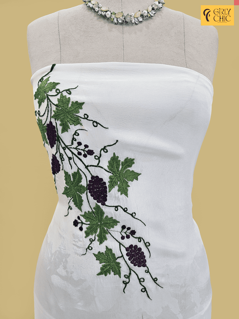 Crepe Silk Unstitched Material with Mission Work Embroidery – Elegant White Designer Fabric for Women | Girly Chic