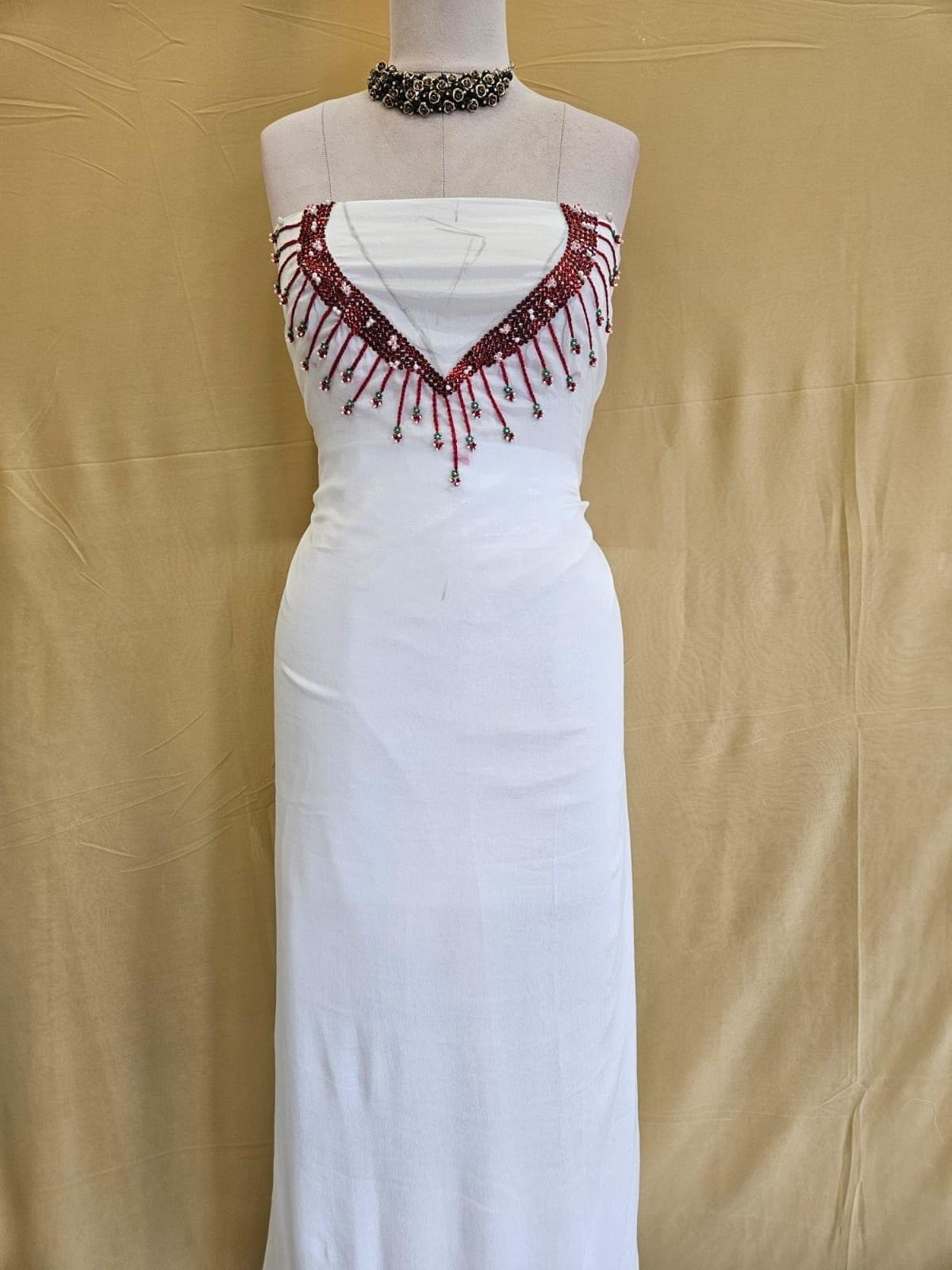 White Crepe Silk Unstitched Material with Maroon Bead Embroidery Neck Design | Girly Chic - Image 2