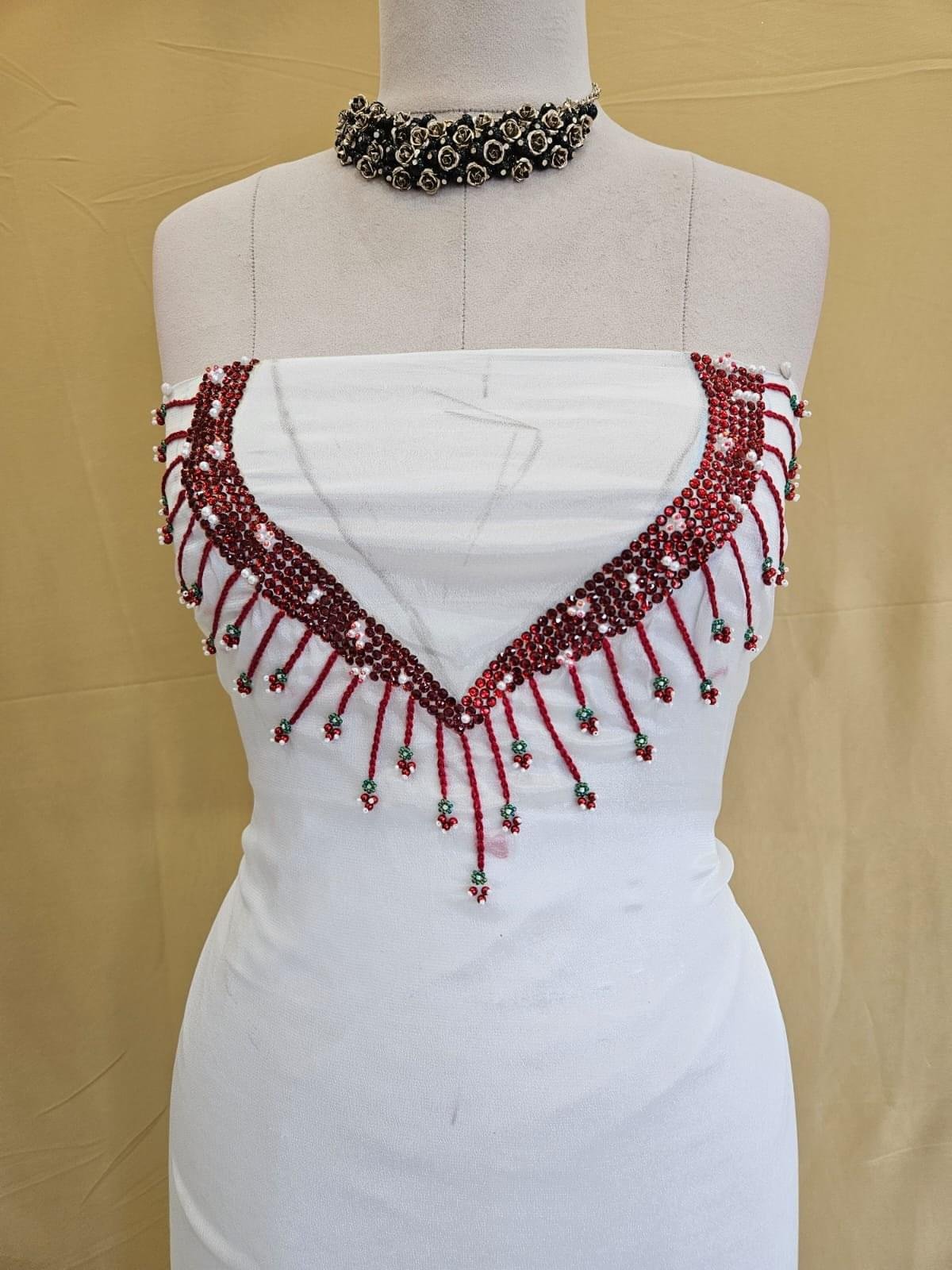 White Crepe Silk Unstitched Material with Maroon Bead Embroidery Neck Design | Girly Chic